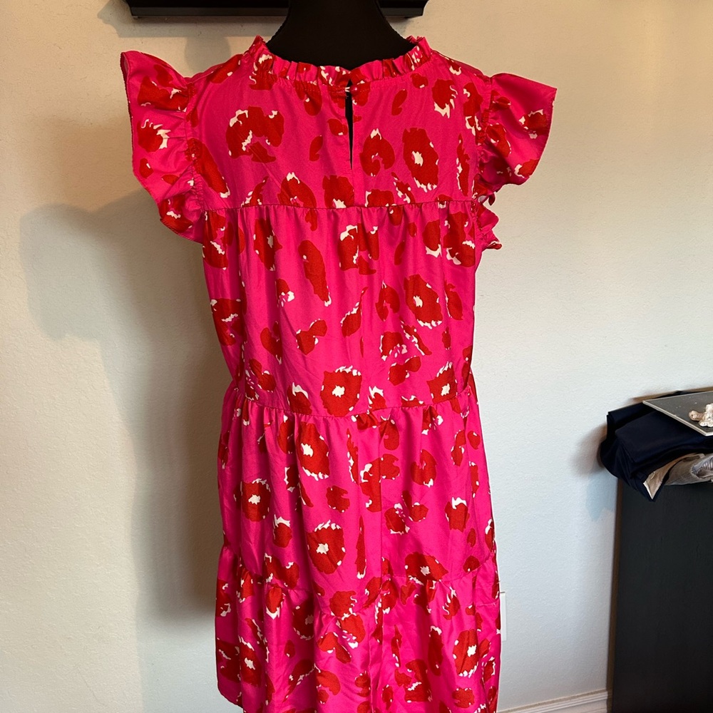 1XL Dopamine Boho Rose Red Leopard Print Ruffle Cap Sleeve Mini Dress - Picture 3 of 8
